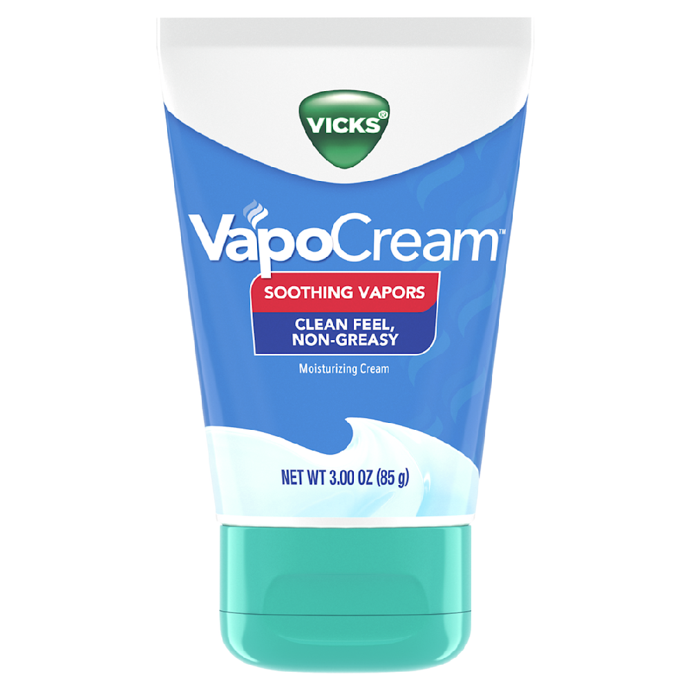 Vicks VapoCream tube with blue packaging, featuring soothing vapors and non-greasy formula, 3 oz (85g).