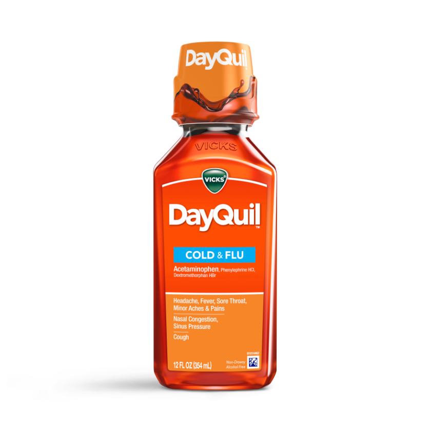 Bottle of Vicks DayQuil Cold & Flu liquid medicine in orange packaging, 12 fl oz size for symptom relief.