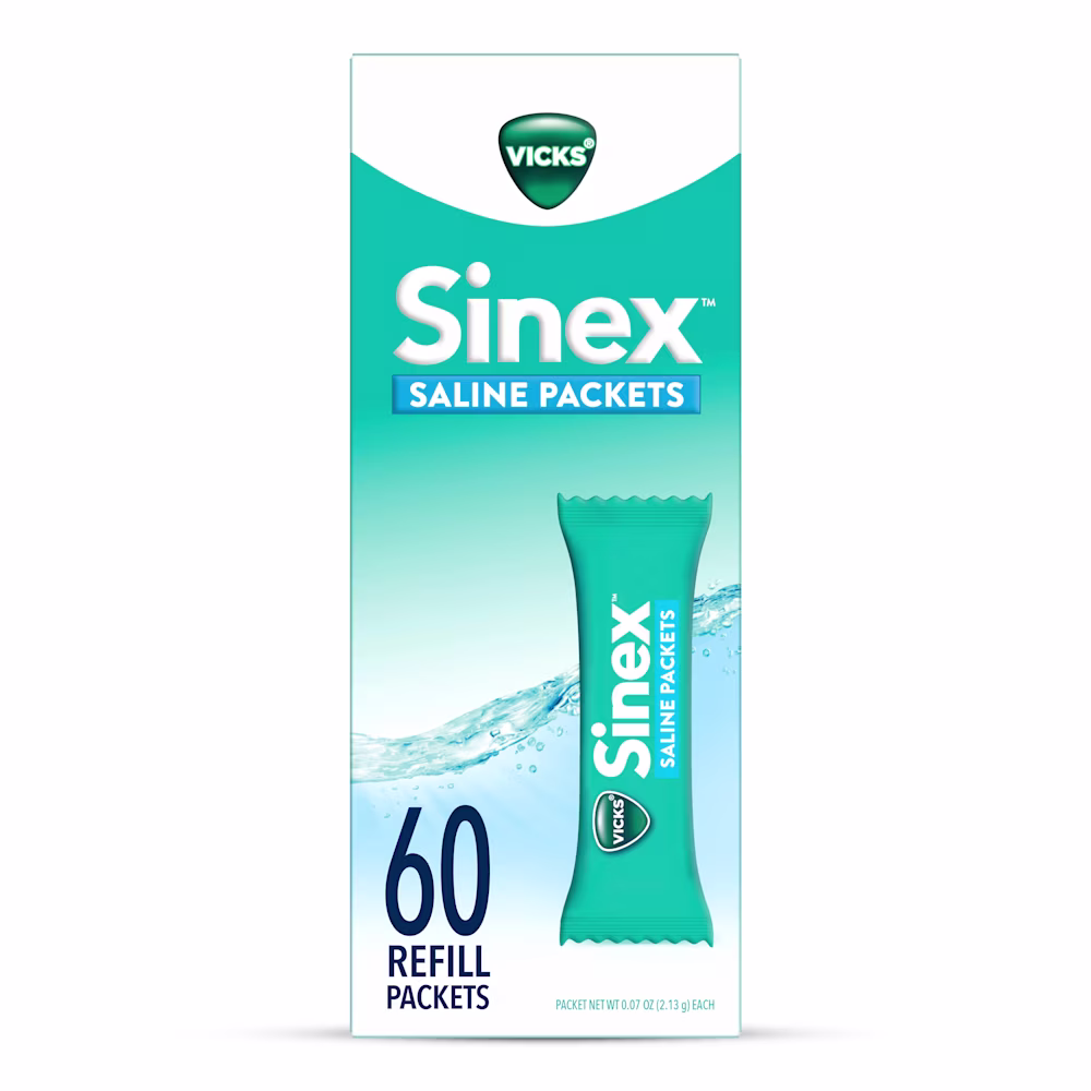 Package of Vicks Sinex Saline Nasal Rinse 60 count Refill Packets.