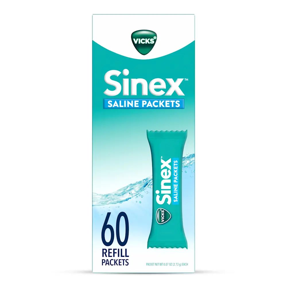Package of Vicks Sinex Saline Nasal Rinse 60 count Refill Packets.