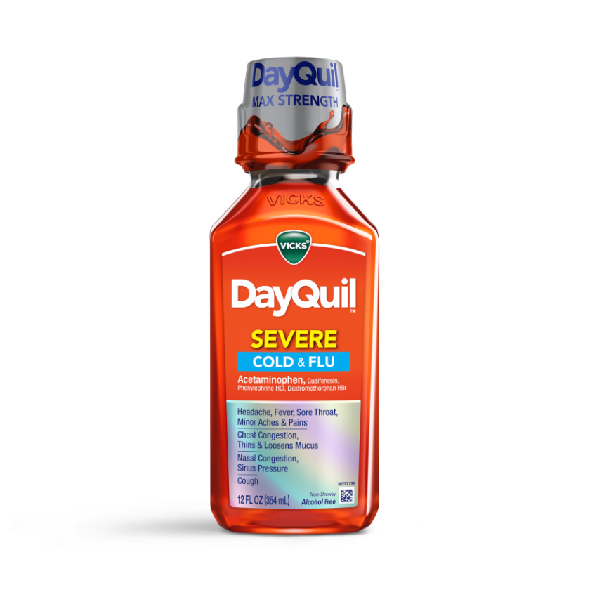 Bottle of Vicks DayQuil Severe Cold & Flu liquid medicine, 8 fl oz size.