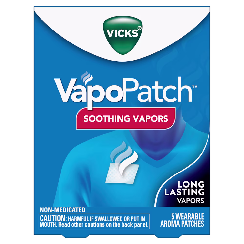 Vicks VapoPatch packaging showing blue box with green logo, featuring soothing vapors and 5 wearable non-medicated patches.