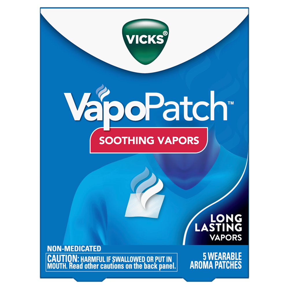 Vicks VapoPatch packaging showing blue box with green logo, featuring soothing vapors and 5 wearable non-medicated patches.