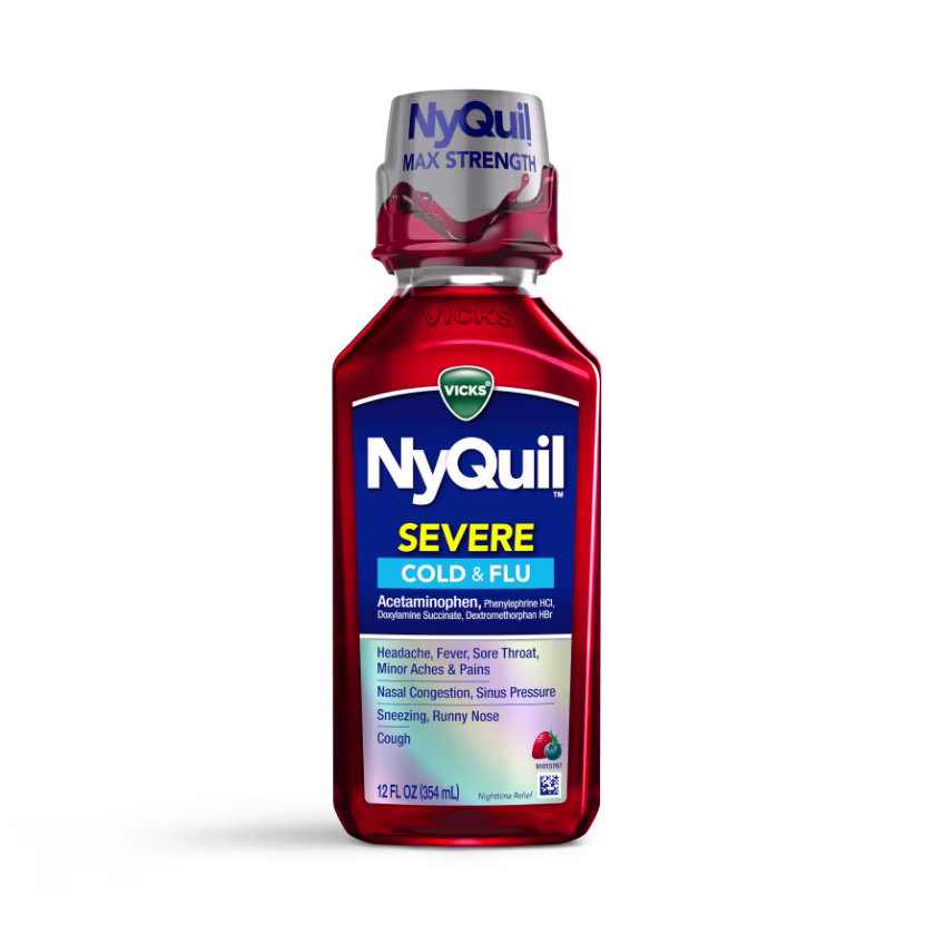 Bottle of Vicks NyQuil Severe Cold & Flu liquid medicine in red packaging, 12 fl oz, for multiple cold symptoms.