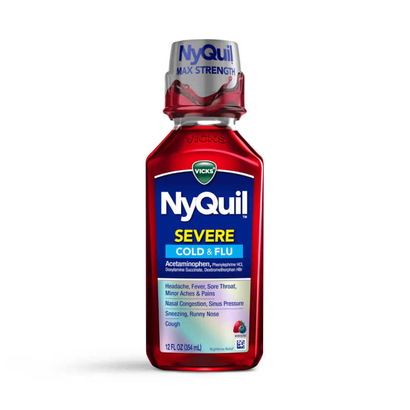 Bottle of Vicks NyQuil Severe Cold & Flu liquid medicine in red packaging, 12 fl oz, for multiple cold symptoms.