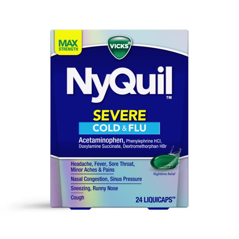 Vicks NyQuil Severe Cold & Flu medicine box with max strength formula, 24 liquicaps for nighttime symptom relief.