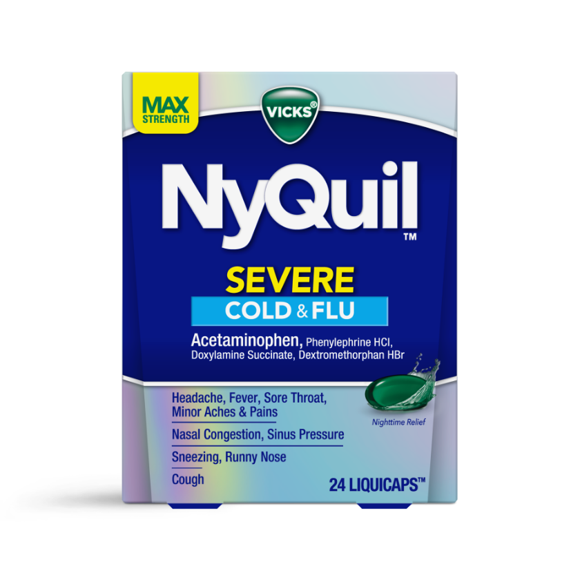 Vicks NyQuil Severe Cold & Flu medicine box with max strength formula, 24 liquicaps for nighttime symptom relief.