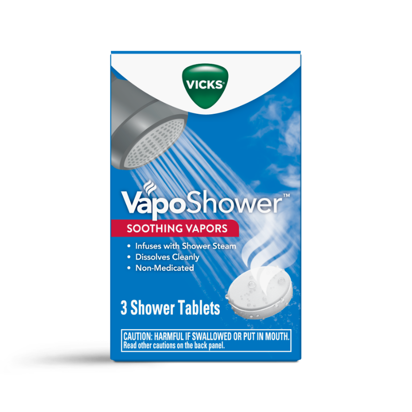 Vicks VapoShower package showing 3 shower tablets that release soothing vapors when used with shower steam.