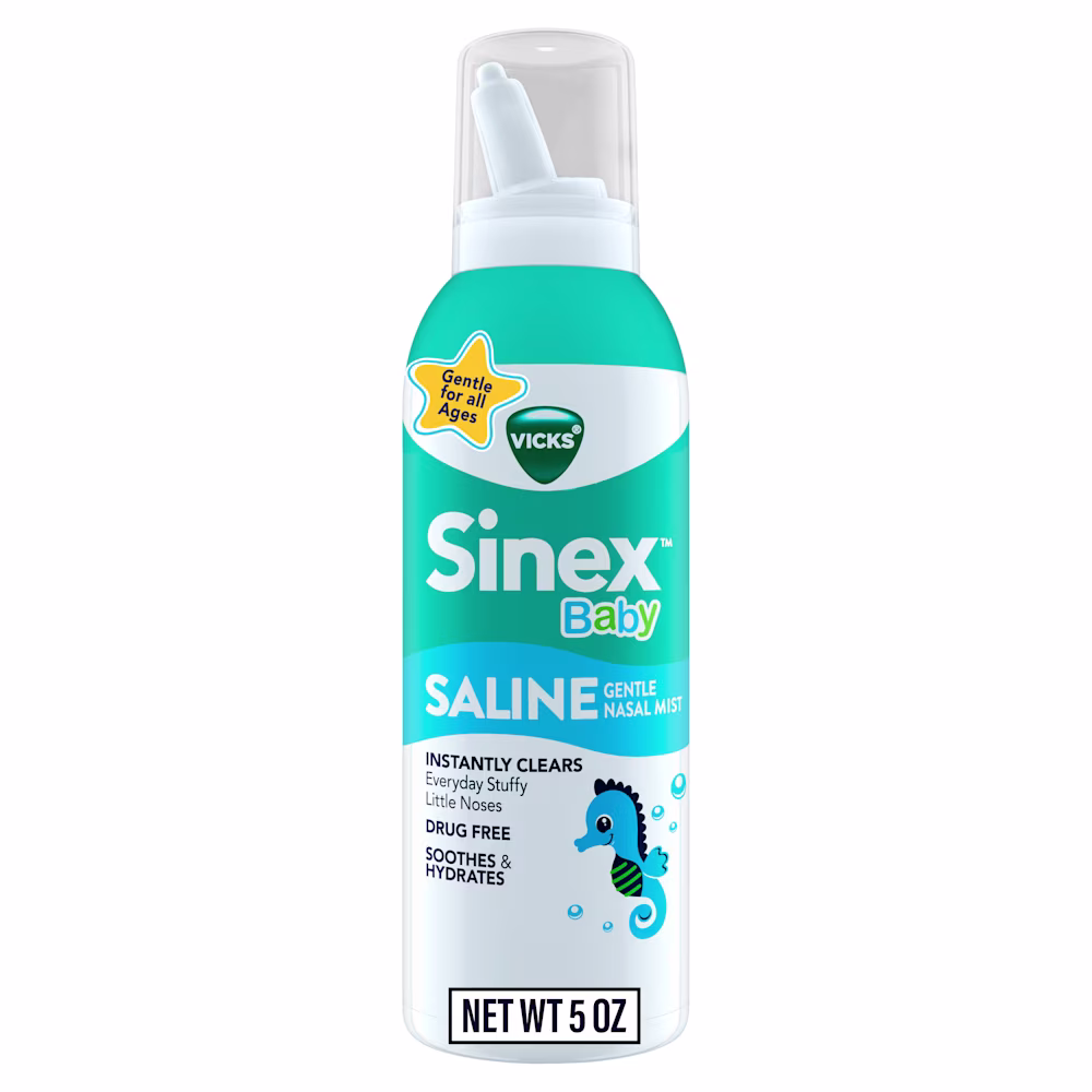 A bottle of Vicks Sinex Baby Saline Nasal Mist.