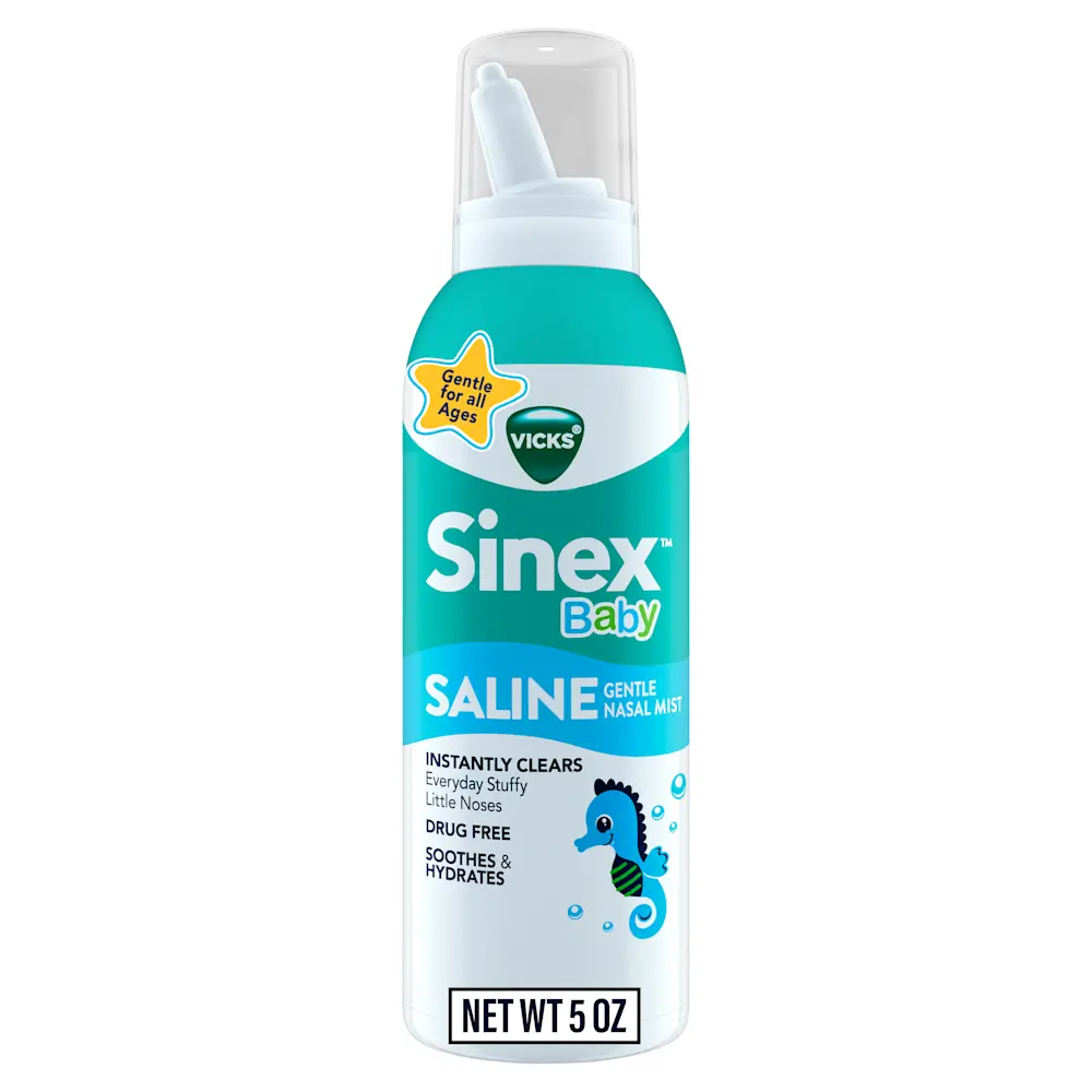 A bottle of Vicks Sinex Baby Saline Nasal Mist.