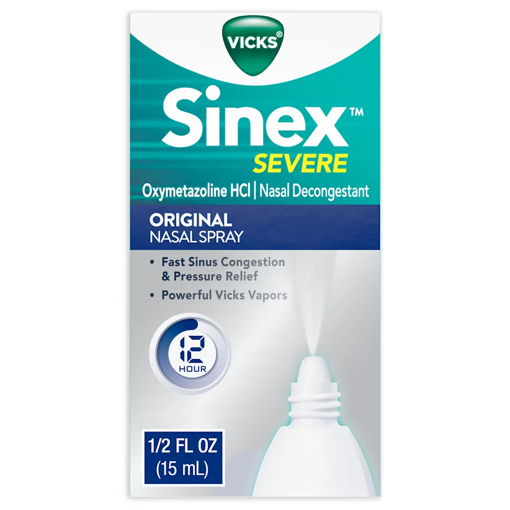 Vicks Sinex Severe Original Nasal Spray package showing 12-hour sinus congestion relief, 1/2 fl oz bottle with spray nozzle.