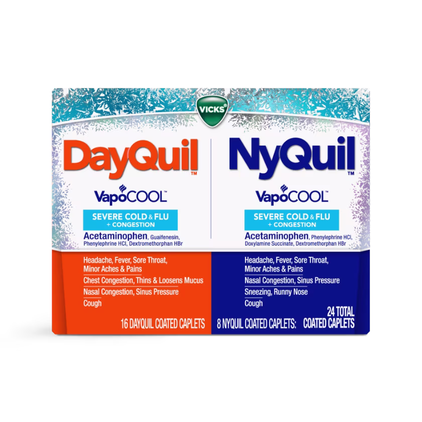 Vicks DayQuil and NyQuil VapoCOOL package for severe cold and flu, containing 24 total coated caplets.