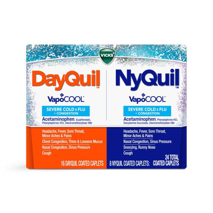 Vicks DayQuil and NyQuil VapoCOOL package for severe cold and flu, containing 24 total coated caplets.