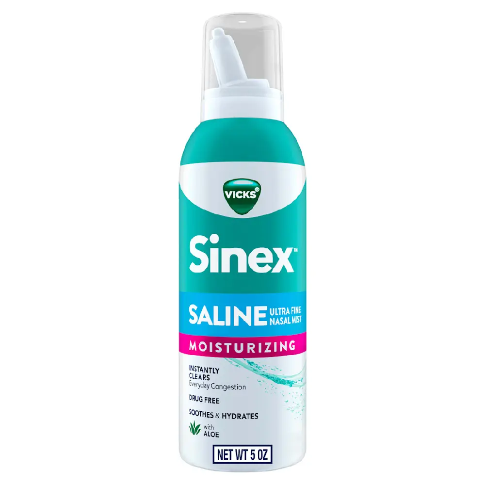 Vicks Sinex moisturizing saline nasal mist spray bottle in teal and white packaging, 5 oz size, drug-free formula with aloe.