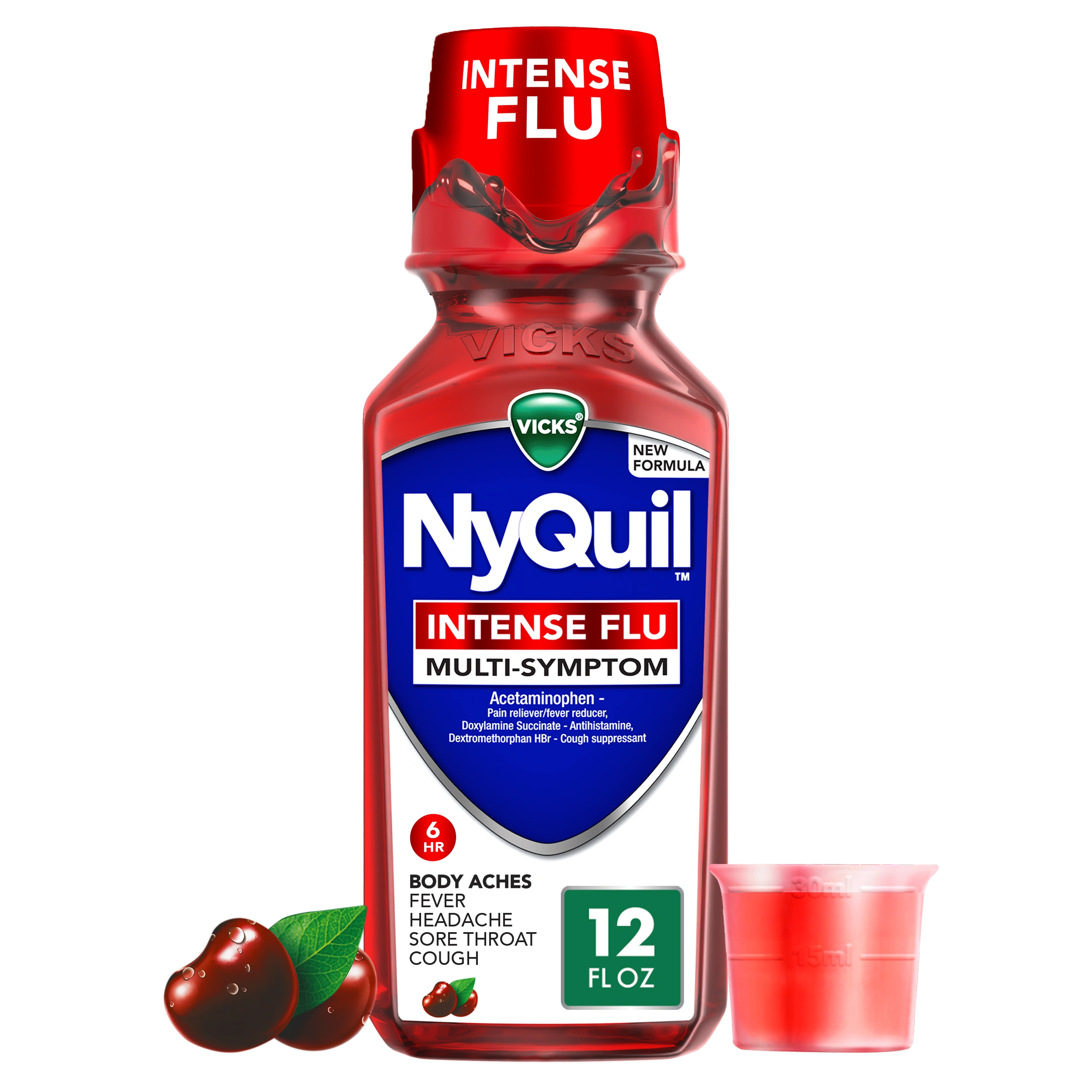 Bottle of Vicks NyQuil Intense Flu multi-symptom liquid medicine with red cap and measuring cup beside it.