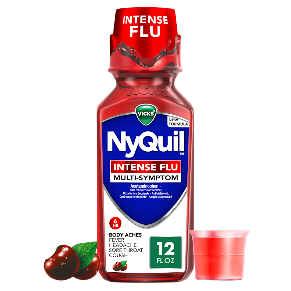 Bottle of Vicks NyQuil Intense Flu multi-symptom liquid medicine with measuring cup, 12 fl oz size.