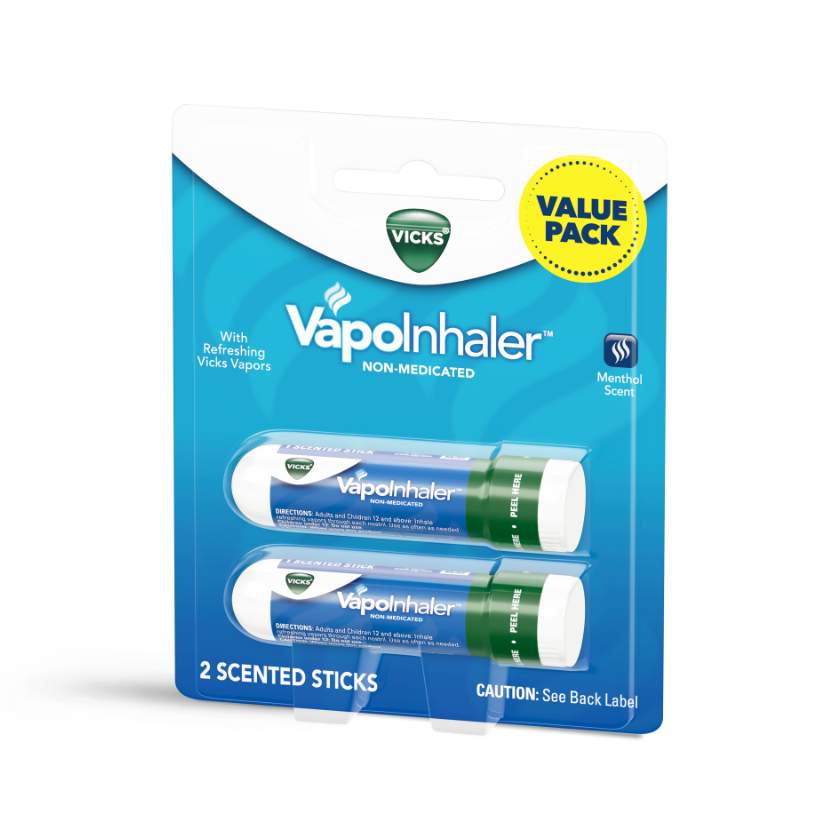 Vicks VapoInhaler value pack with two non-medicated menthol scented sticks in blue packaging left view.