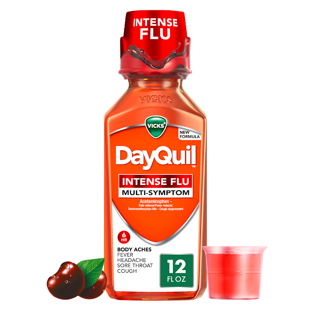 Bottle of Vicks DayQuil Intense Flu multi-symptom liquid medicine with red cap and measuring cup, 12 fl oz size.