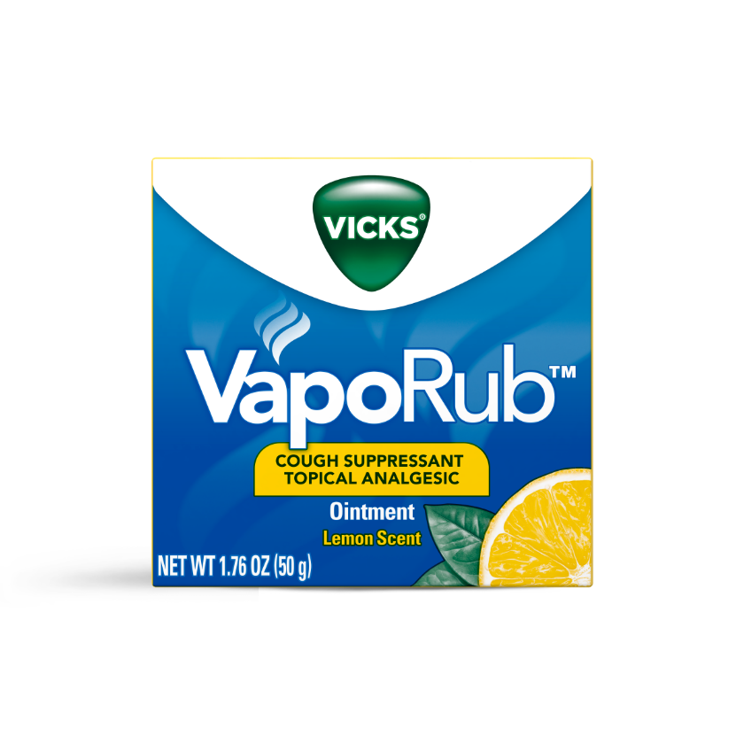 Vicks VapoRub lemon scent ointment package, blue box with green logo and lemon slice image, 1.76 oz (50g).
