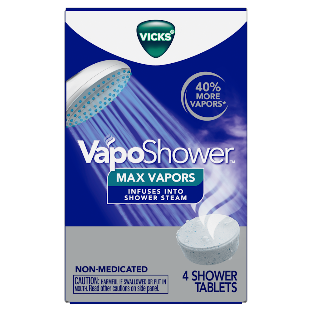 Vicks VapoShower Max Vapors package showing showerhead, vapor tablet, and "40% more vapors" claim, contains 4 tablets.