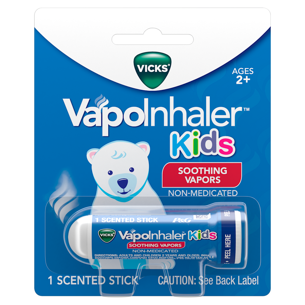 Vicks VapoInhaler Kids packaging featuring a polar bear, blue inhaler stick with soothing vapors for children ages 2+