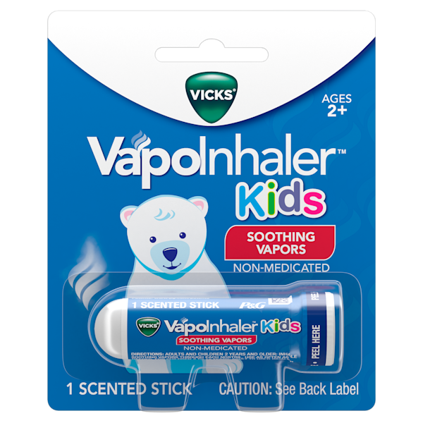 Vicks VapoInhaler Kids packaging featuring a polar bear, blue inhaler stick with soothing vapors for children ages 2+