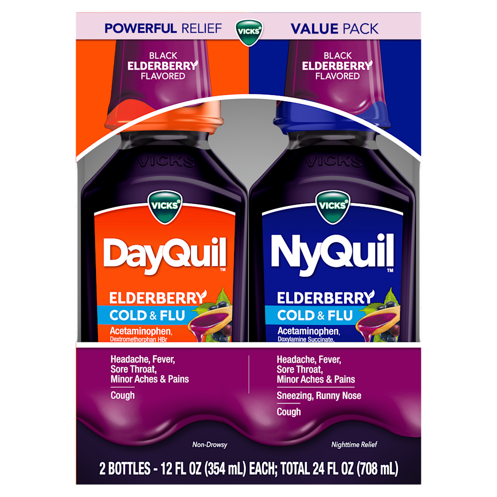 Vicks value pack of DayQuil and NyQuil black elderberry cold & flu liquid medicines, 12 oz bottles each.