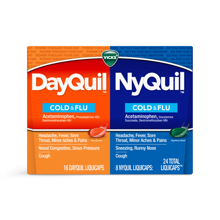 Vicks DayQuil and NyQuil Cold & Flu medication combo pack with 24 total LiquiCaps for daytime and nighttime symptom relief.