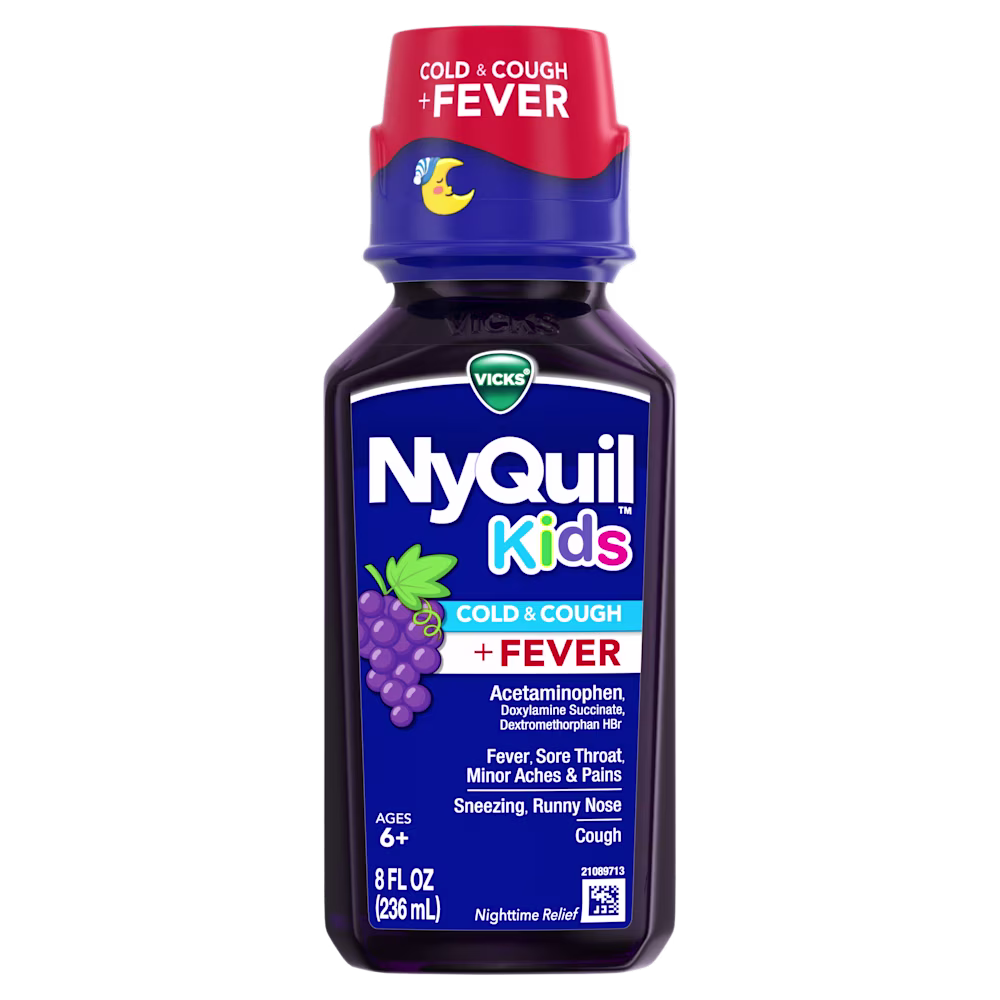Bottle of Vicks NyQuil Kids Cold & Cough + Fever medicine with grape flavor, 8 fl oz, for children ages 6+.