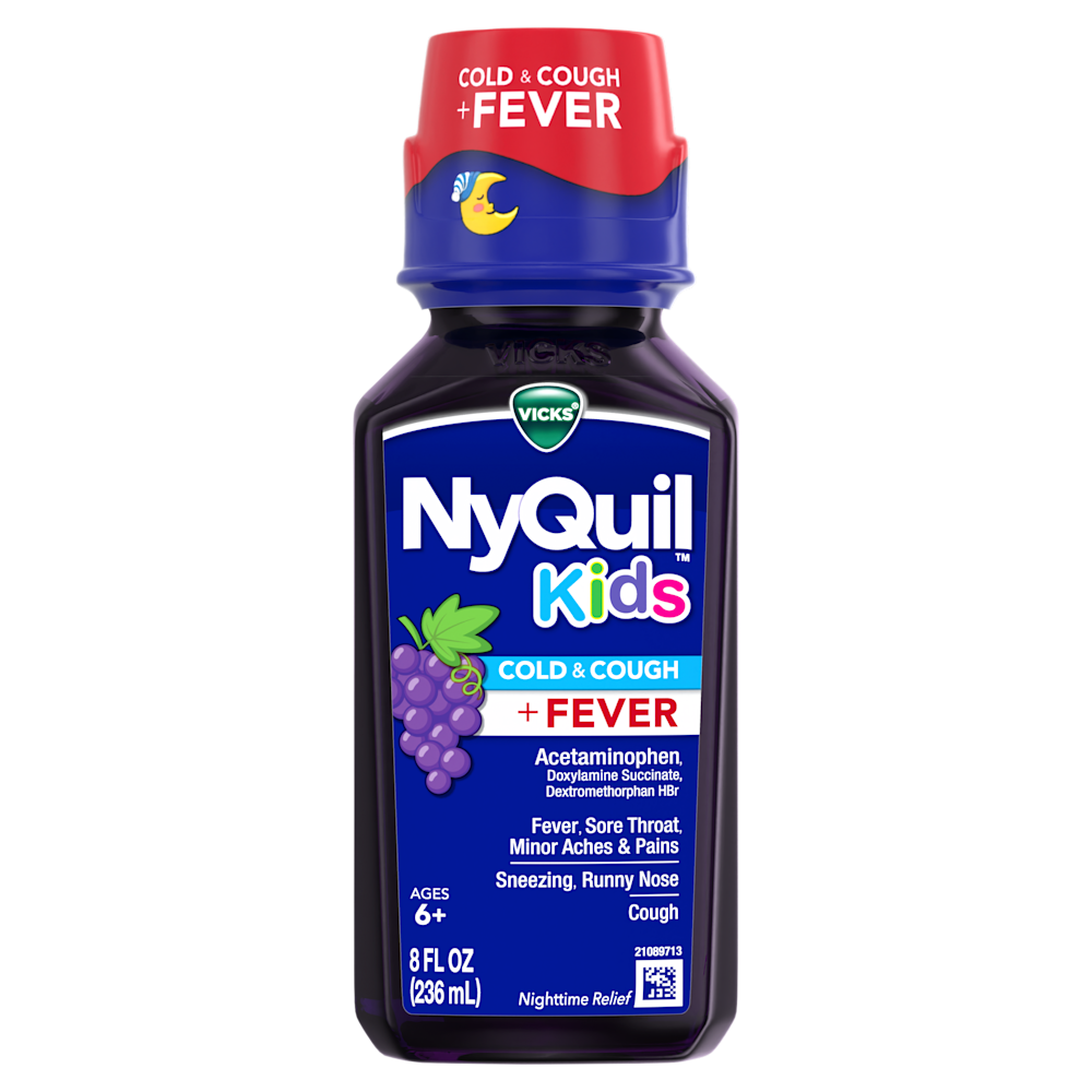Bottle of Vicks NyQuil Kids Cold & Cough + Fever medicine with grape flavor, 8 fl oz, for children ages 6+.