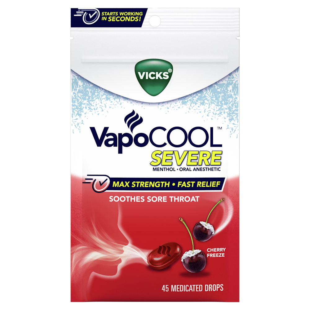 Vicks VapoCOOL SEVERE cherry-flavored drops package, featuring max strength menthol relief for sore throats.