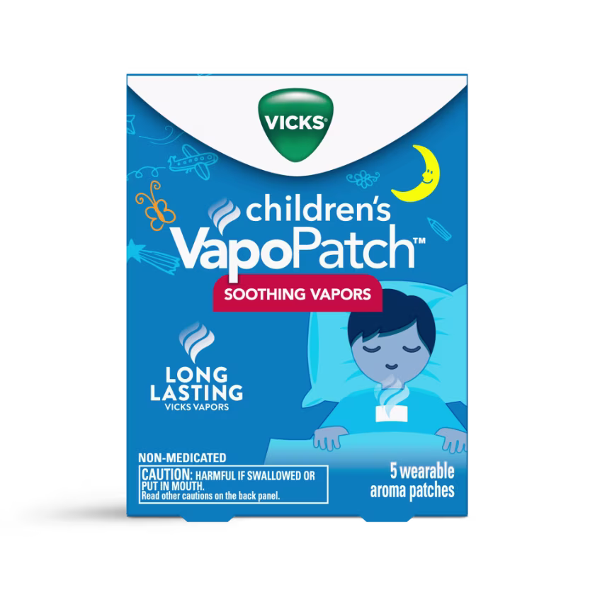 Vicks Children's VapoPatch box featuring soothing vapors, with illustration of sleeping child and moon on blue packaging.