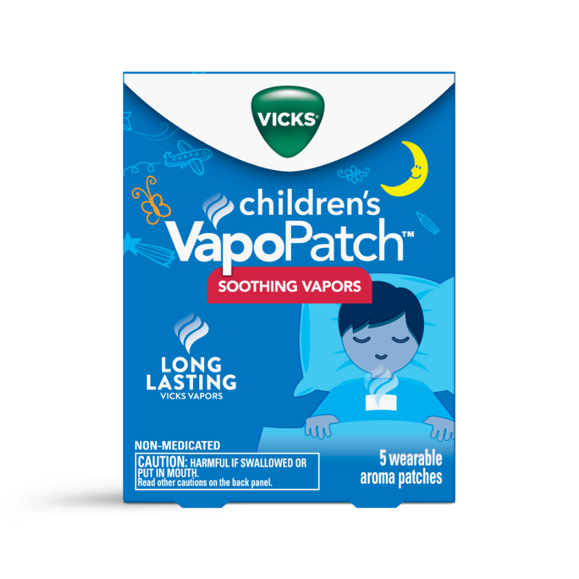 Vicks Children's VapoPatch box featuring soothing vapors, with illustration of sleeping child and moon on blue packaging.