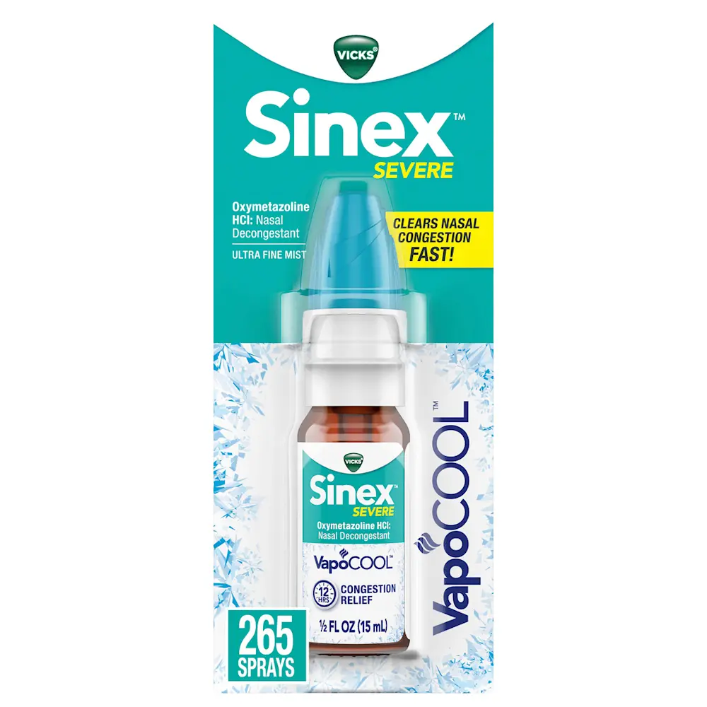 Vicks Sinex Severe nasal decongestant spray bottle with VapoCOOL technology, providing fast congestion relief, 265 sprays.