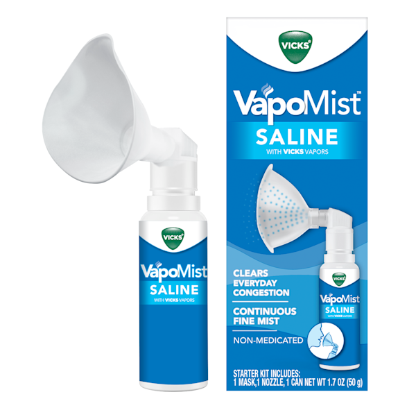 Vicks VapoMist Saline Nasal Spray Front View and Product Packaging.