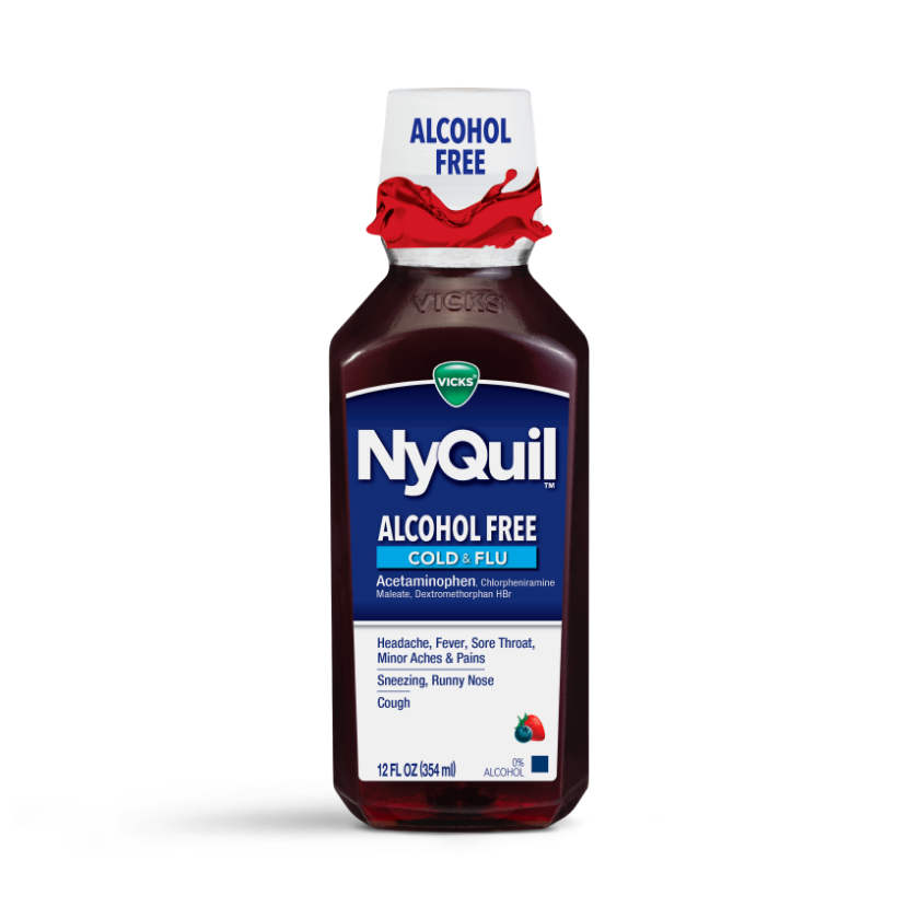 Bottle of Vicks NyQuil alcohol-free cold and flu liquid medicine with red liquid, 12 fl oz, for treating cold symptoms.
