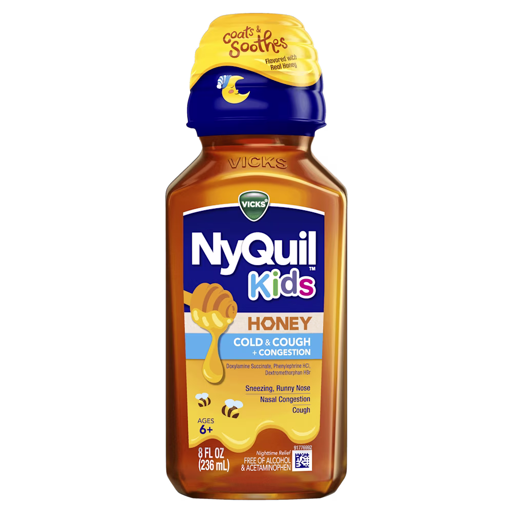 Bottle of Vicks NyQuil Kids honey-flavored cold and cough medicine with blue and yellow cap, for ages 6+.