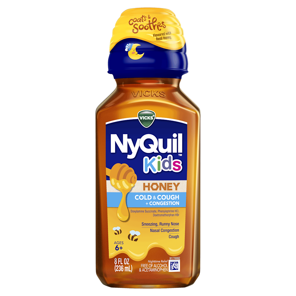 Bottle of Vicks NyQuil Kids honey-flavored cold and cough medicine with blue and yellow cap, for ages 6+.