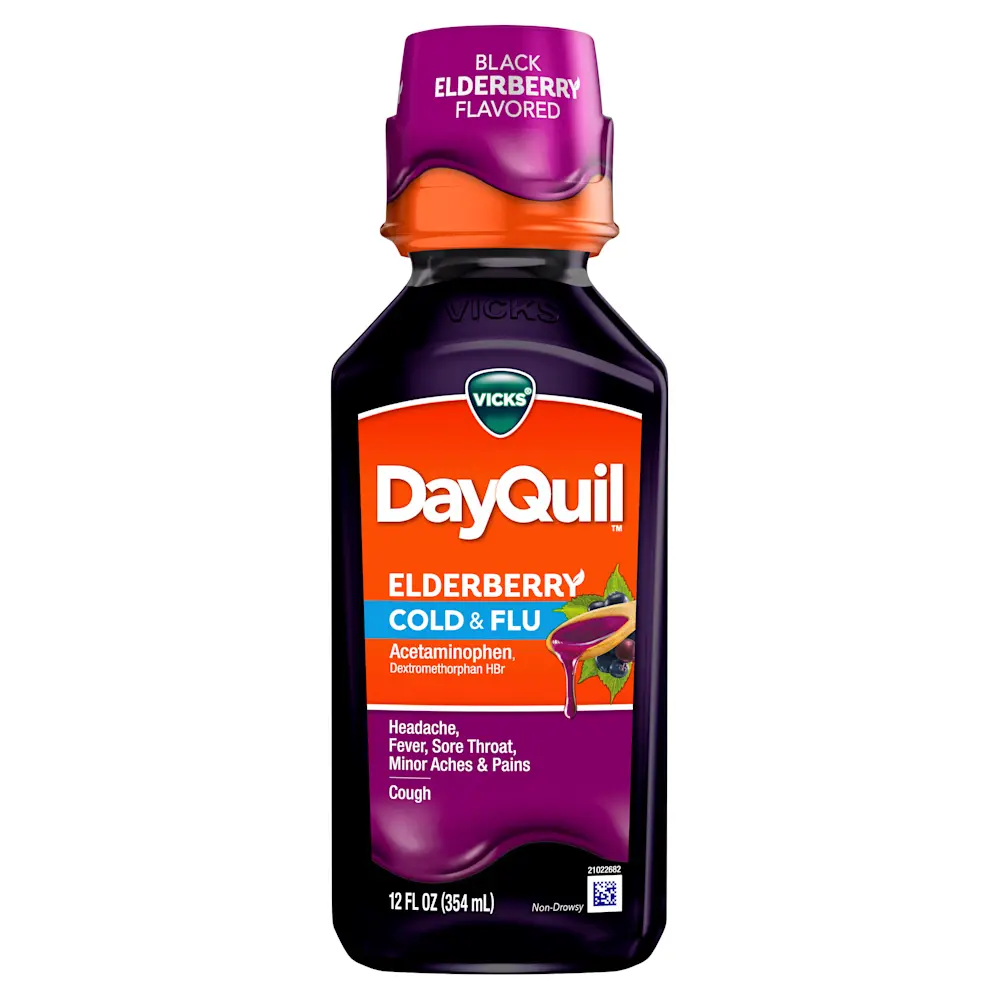Bottle of Vicks DayQuil Elderberry Cold & Flu liquid medicine with purple cap and orange label, 12 fl oz.