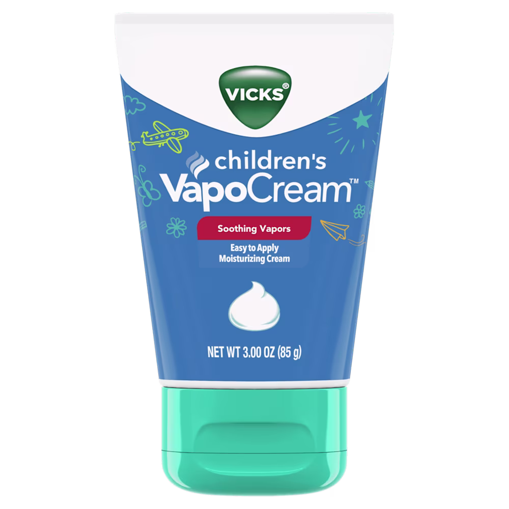 Vicks Children's VapoCream in blue tube with teal cap, featuring soothing vapors moisturizing cream, 3 oz (85g).