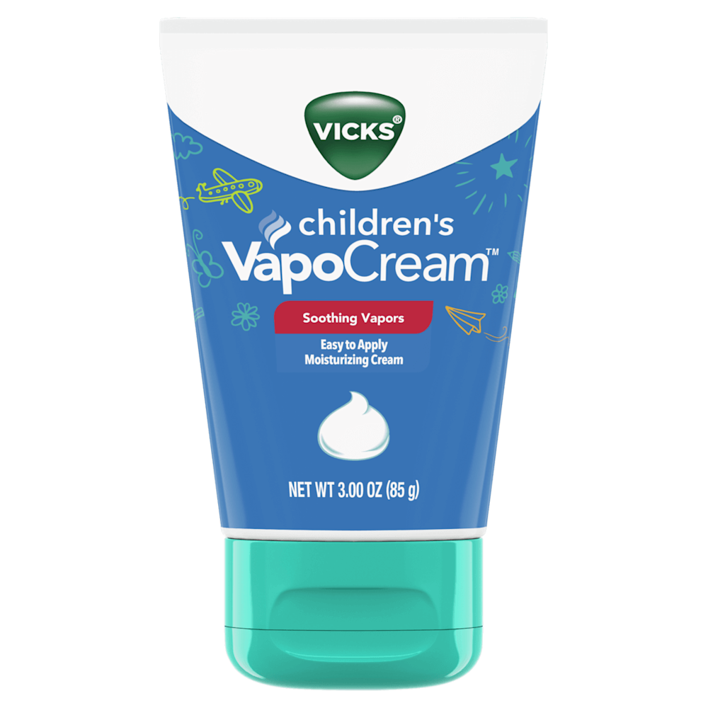 Vicks Children's VapoCream in blue tube with teal cap, featuring soothing vapors moisturizing cream, 3 oz (85g).