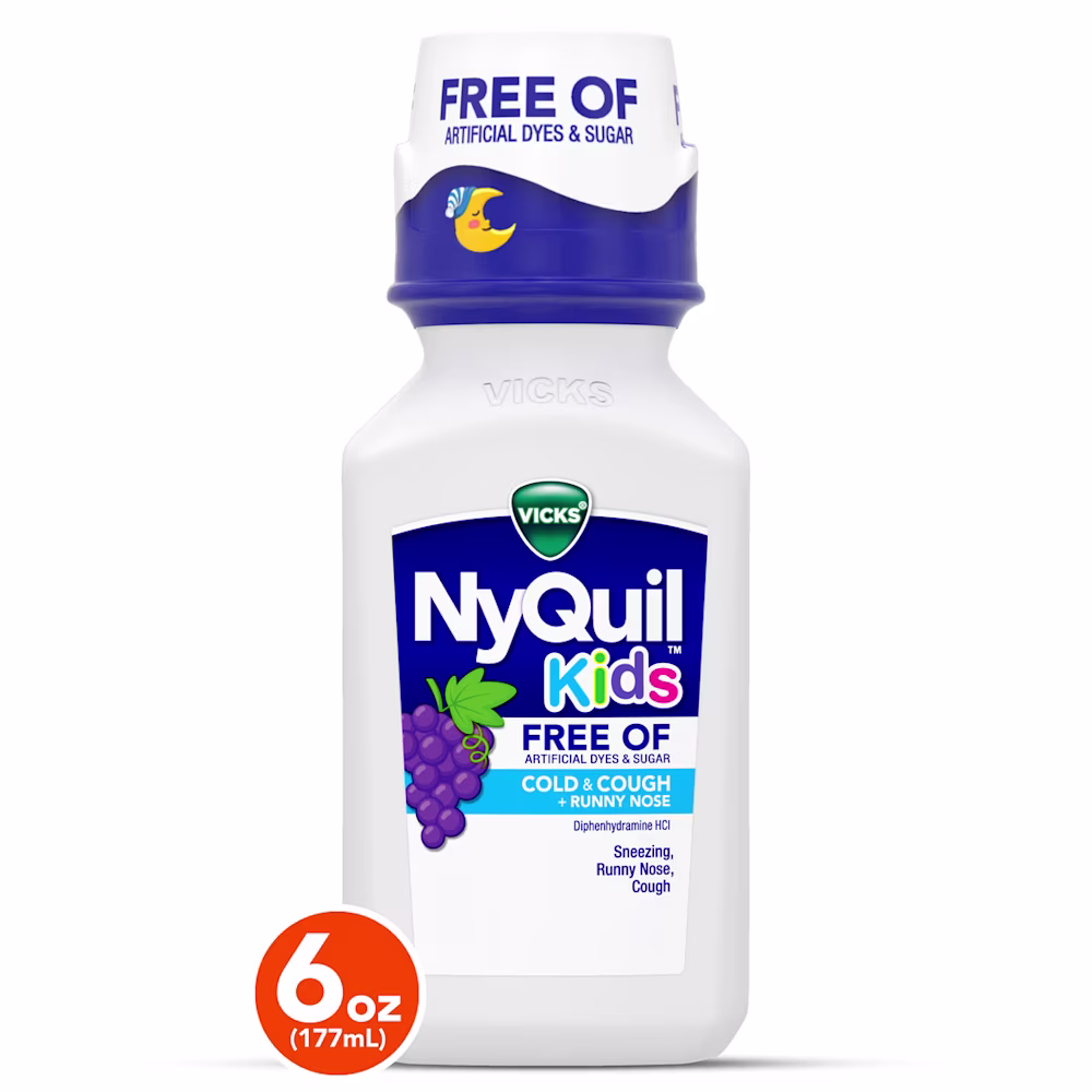 Vicks NyQuil Kids cold medicine bottle, 6oz, grape flavor, free of artificial dyes and sugar, with blue cap featuring moon icon.