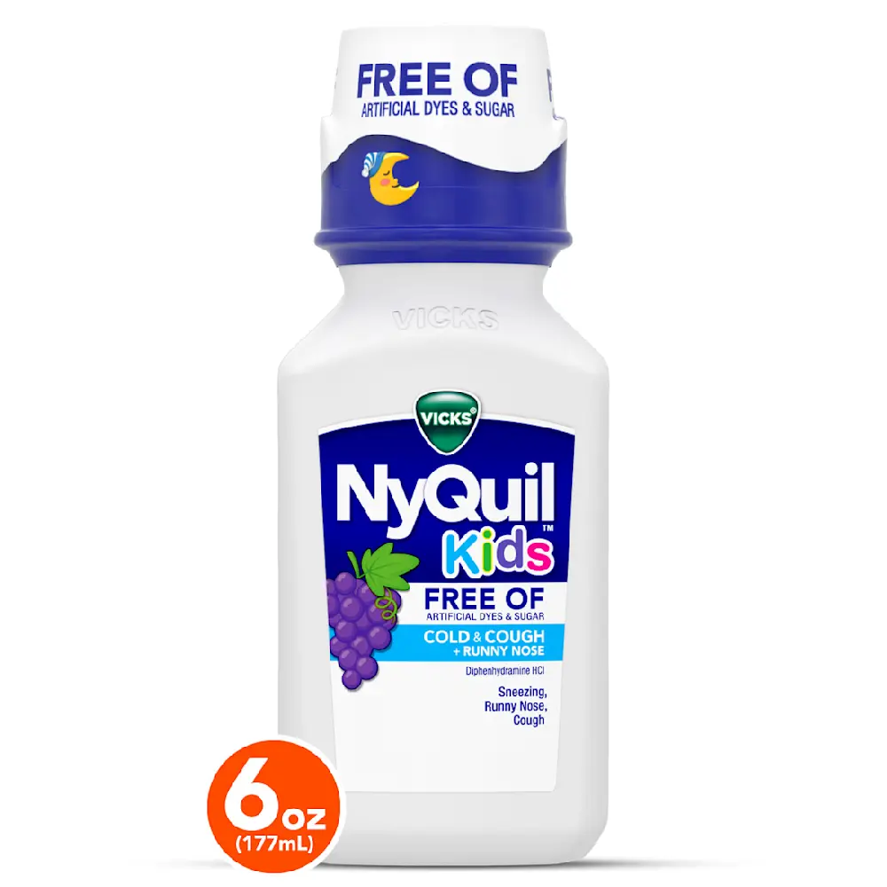 Vicks NyQuil Kids cold medicine bottle, 6oz, grape flavor, free of artificial dyes and sugar, with blue cap featuring moon icon.