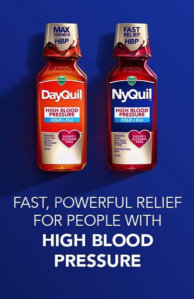 DayQuil and NyQuil bottles for high blood pressure, offering fast relief, displayed against blue background.