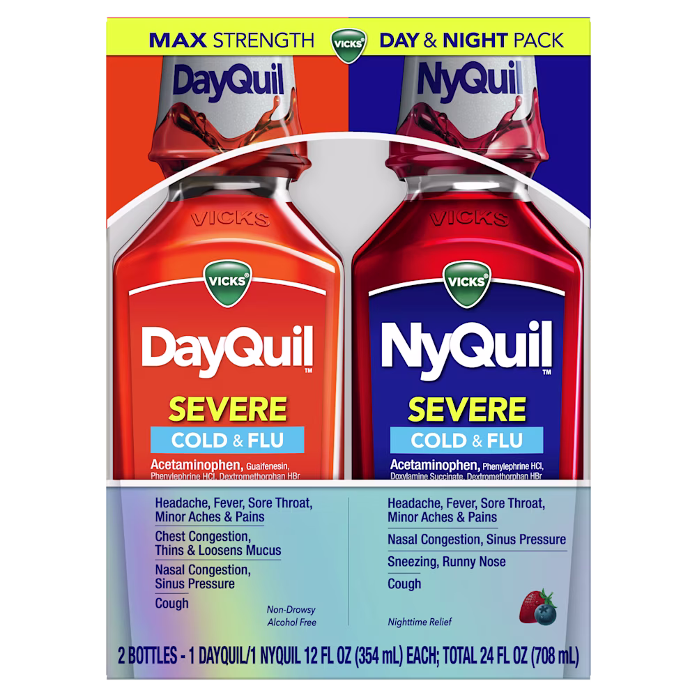 Vicks DayQuil and NyQuil Max Strength Severe Cold & Flu medicine combo pack with orange and red bottles.