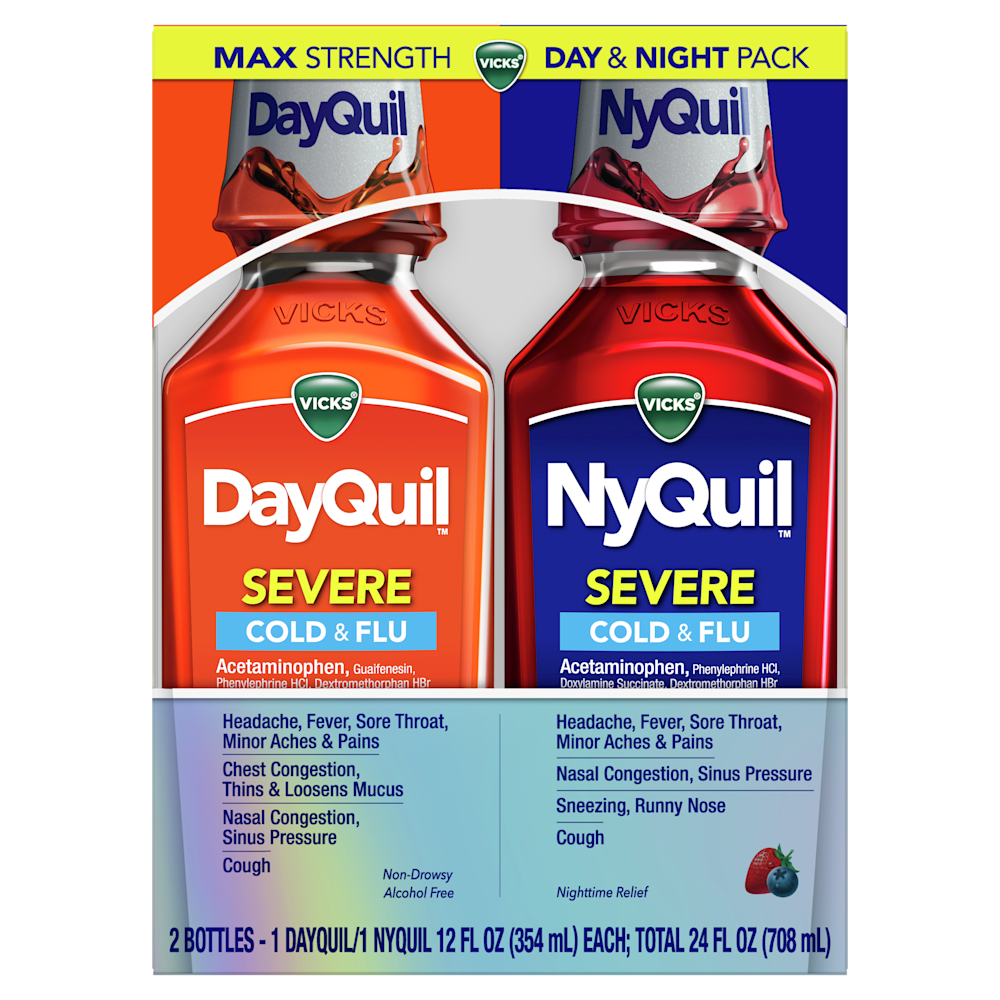 Vicks DayQuil and NyQuil Max Strength Severe Cold & Flu medicine combo pack with orange and red bottles.