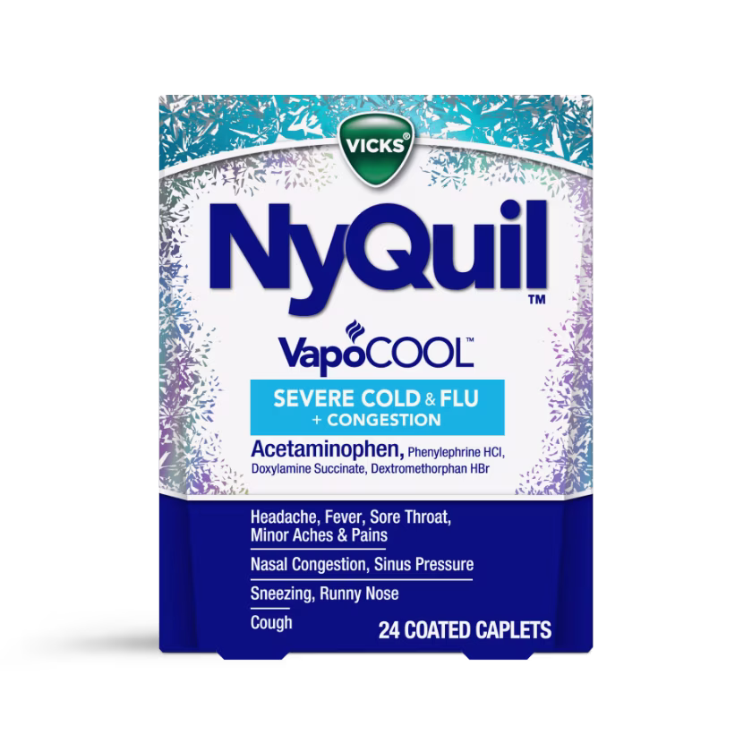 Vicks NyQuil VapoCOOL severe cold and flu medicine package containing 24 coated caplets for multiple symptoms.