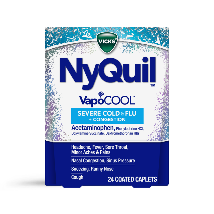 Vicks NyQuil VapoCOOL severe cold and flu medicine package containing 24 coated caplets for multiple symptoms.