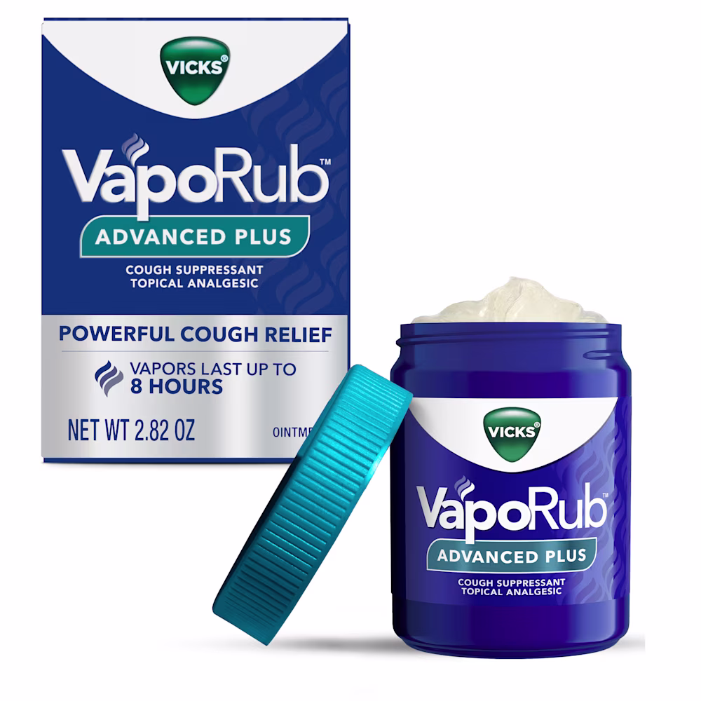 Vicks VapoRub Advanced Plus jar with blue cap and packaging, offering 8-hour cough relief, 2.82 oz.