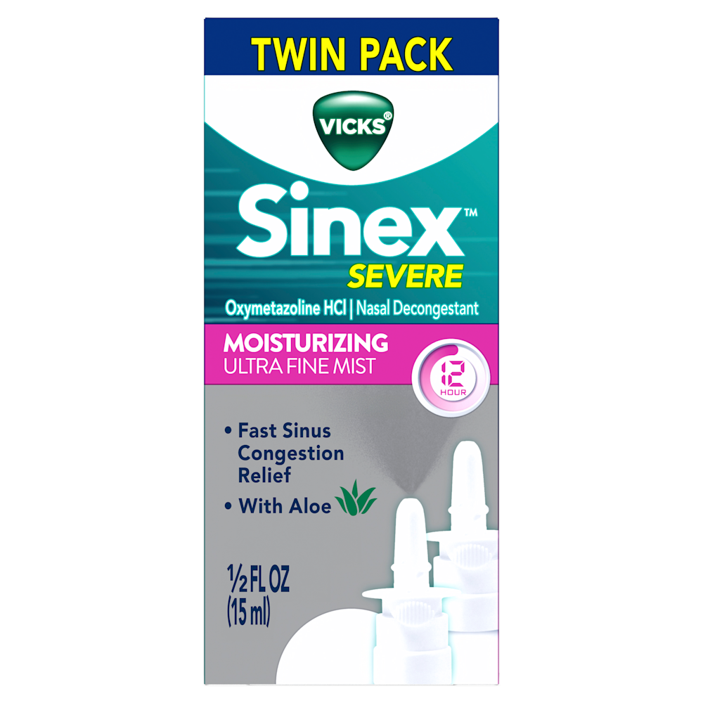 Twin pack of 15ml Vicks Sinex severe moisturizing ultra fine mist nasal spray for fast sinus congestion relief.
